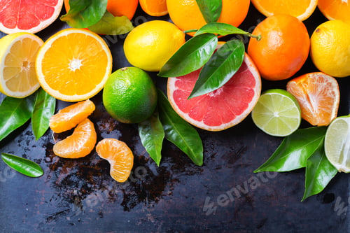 Preview: Citrus fruits background. Orange, grapefruit, tangerine, lime, lemon vitamin