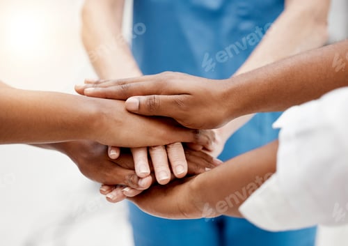 Preview: Hands, team and doctors, health collaboration with diversity in healthcare and teamwork for partner