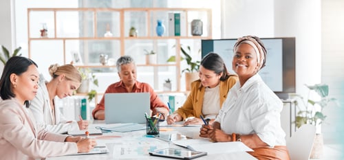 Preview: Happy black woman, leadership or business leader in meeting for teamwork, diversity or research wit