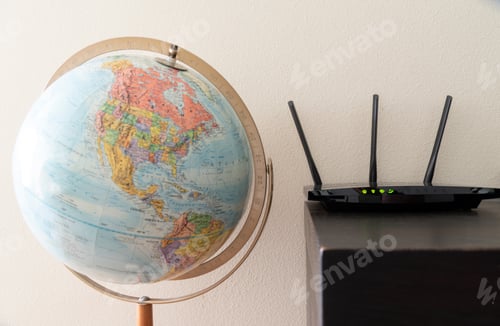 Preview: Colorful world globe next to wifi router with 3 antenna and power signal lights.