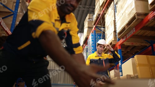 Preview: Two warehouse workers are lifting boxes of merchandise on a pallet jack