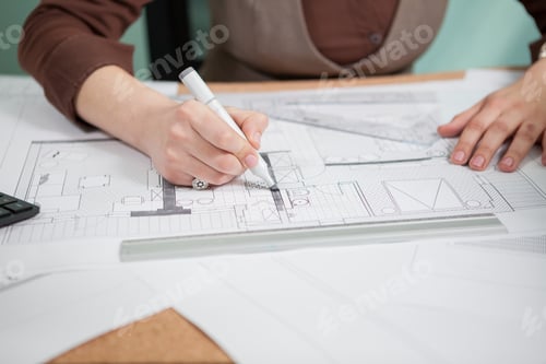 Preview: Architect woman at her table drawing on blueprints