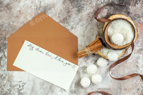 Preview: top view yummy coconut candies with lovely note on light background goodie color sweet cake sugar