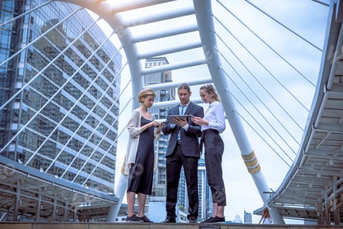 Preview: Businessman and woman discussion with teamwork about work goal by looked at laptop on hand ,Business