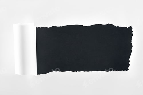 Preview: ripped textured white paper with rolled edge on black background