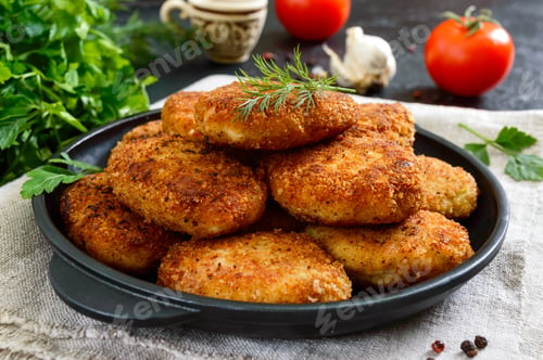 Preview: Juicy homemade cutlets (beef, pork, chicken) on a black background.