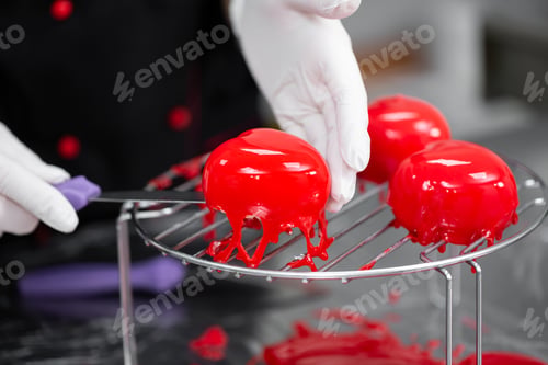 Preview: Process of making mousse cake with mirror glaze. Frozen mirror icing on the cake