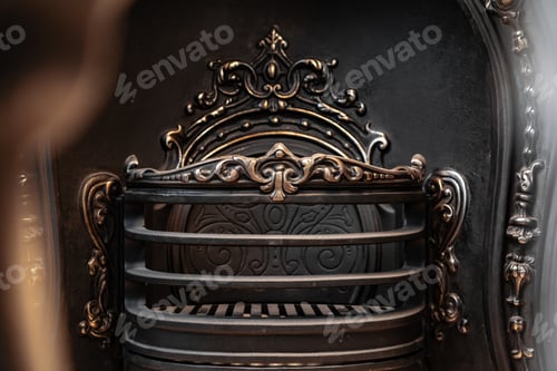 Preview: Empty fireplace with metal antique grate close up