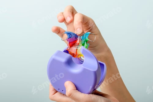 Preview: Child hand stores rainbow orthodontic retainer in purple travel case to keep dental appliance clean
