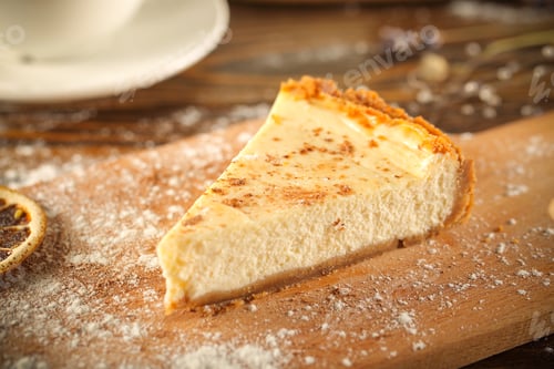 Preview: Cake Cheesecake Piece Rests On A Wooden Table