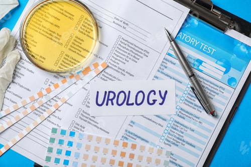 Preview: Flat lay composition with word "Urology" and test forms on color background
