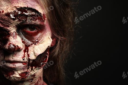 Preview: Scary zombie on dark background, closeup with space for text. Halloween monster