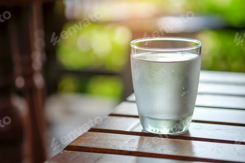 Preview: Water glass on wooden table.