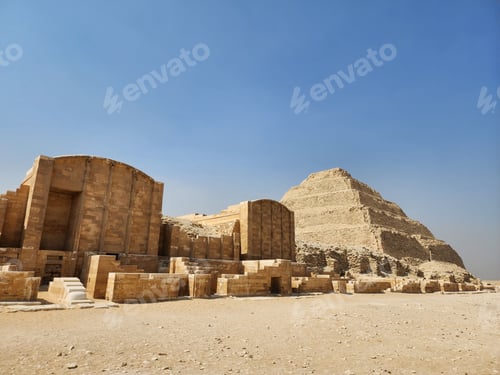 Preview: Step pyramids at Saqqara Necropolis in Egypt against the clear blue sky