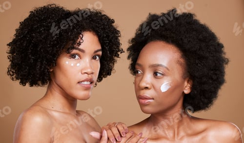 Preview: Black women, cream and skincare portrait, face and wellness product for beauty, cosmetics and studi