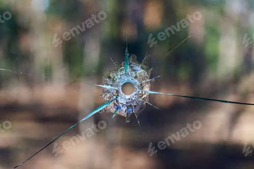 Preview: bullet hole in glass close up on blurred nature background