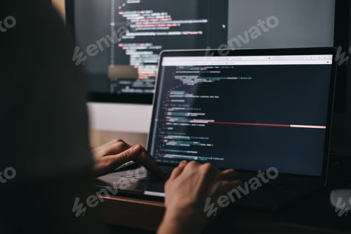 Preview: Young caucasian female programmer in glasses writes program code on a laptop computer. home office