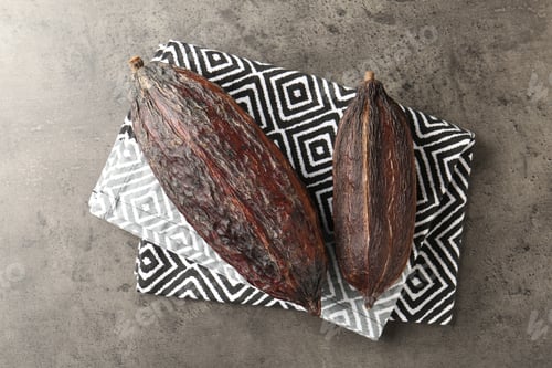 Preview: Cocoa pods on grey table, top view