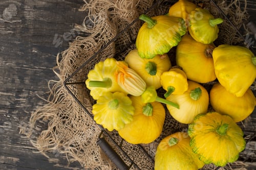 Preview: Patisson, Squash, dish-shaped pumpkin, raw vegetable on a dark wooden background