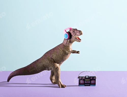 Preview: Happy dinosaur with headphones and tape recorder on blue violet background.