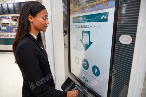 Preview: Businesswoman Commuting To Work Buying Train Ticket From Self Service Machine