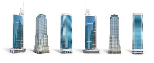 Preview: Set of different skyscraper buildings isolated on white.