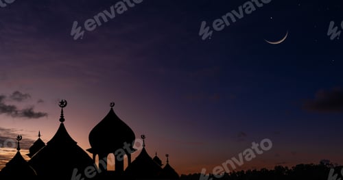 Preview: Silhouette dome mosques on twilight sky and crescent moon, Religious symbols of Islamic