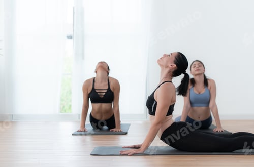 Preview: Group of people practicing yoga in a studio. Yoga class concept.