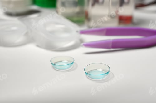 Preview: Contact lenses and tweezers on table, closeup