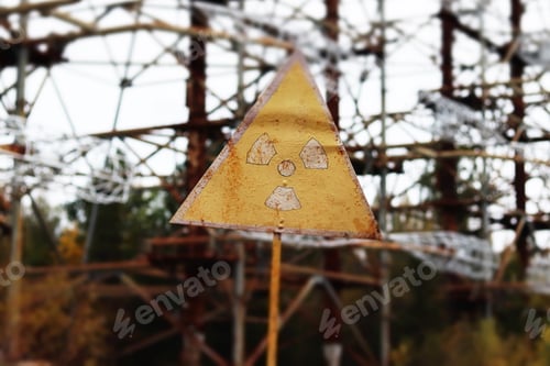 Preview: Old yellow radiation sign against the Duga Radar antenna complex