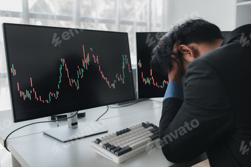 Preview: Stock investor with stock market graph screen, he stressed, stock market volatility analysis, busine