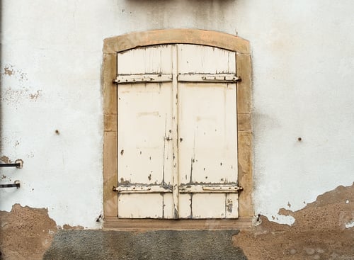 Preview: French window with closed old medieval wooden shutters.