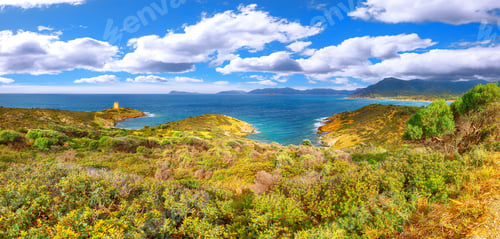 Preview: Panoramic view of Piscinni bay with turquoise sea and famous coastal tower of Piscinni.