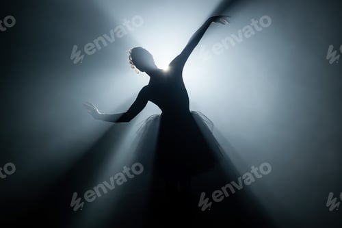 Preview: Professional ballerina dancing ballet in spotlights smoke on big stage. Beautiful girl wearing tutu