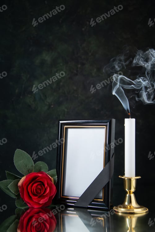 Preview: front view of fireless candle with picture frame on black background funeral evil war death
