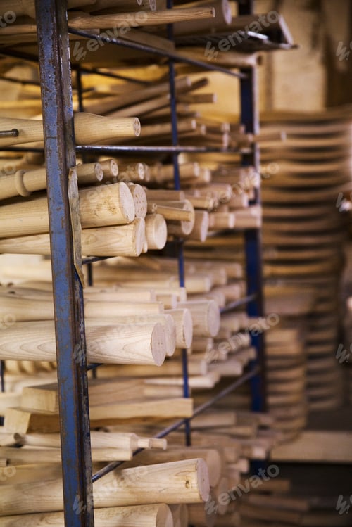 Preview: Close up of wooden furniture pieces in a carpentry workshop.