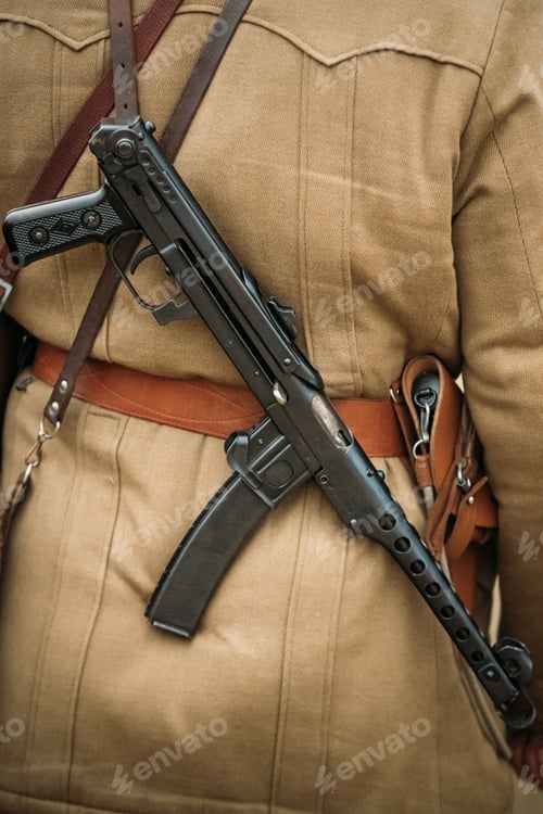 Preview: Re-enactor Dressed As Russian Soviet Infantry Soldier Of World War II With Sub-machine Gun Weapon
