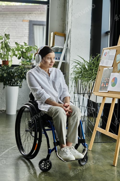 Preview: Young businesswoman in wheelchair working in modern office