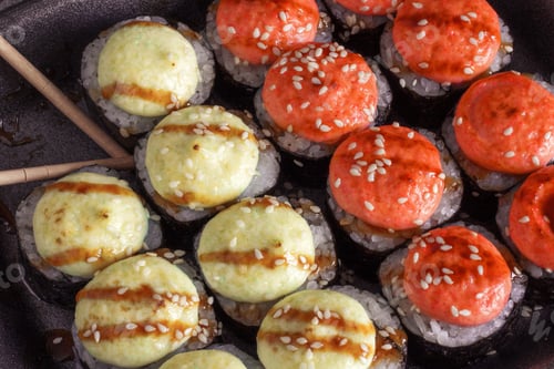 Preview: Closeup of delicious japanese food with sushi roll. Sushi bar. Japanese food restaurant. Copy space.