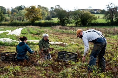 Preview: Three farmers standing and kneeling in a field, harvesting parsnips.