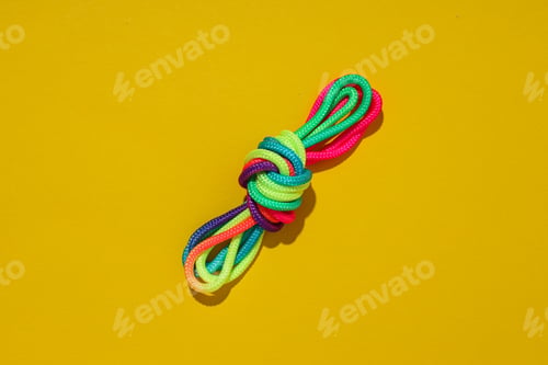 Preview: A knot of multi-colored laces on a yellow background
