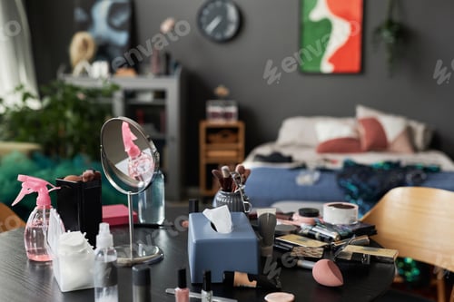 Preview: Messy Makeup Table With Mirror and Beauty Supplies