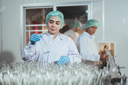 Preview: Senior female worker cleaning and check for dirt glass bottles for juice drinks in beverage factory