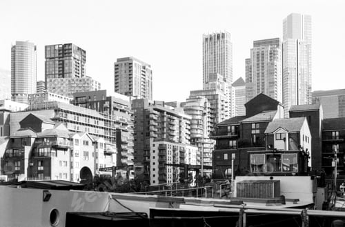 Preview: Vintage analog photography of canary wharf skyline in london, uk