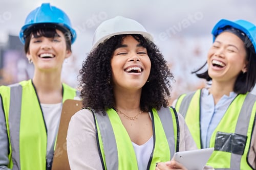 Preview: Construction, collaboration and friends laughing while working on a tablet on an architecture proje