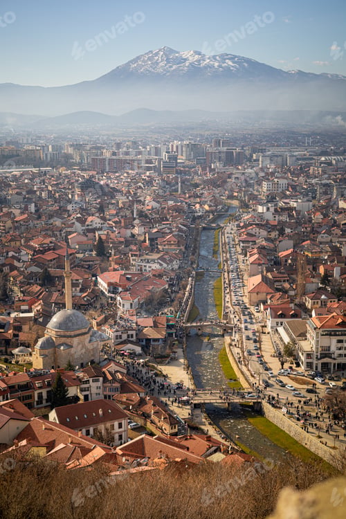 Preview: Aerial view of the cityscape of Prizren, Kosovo with mosques on a sunny day