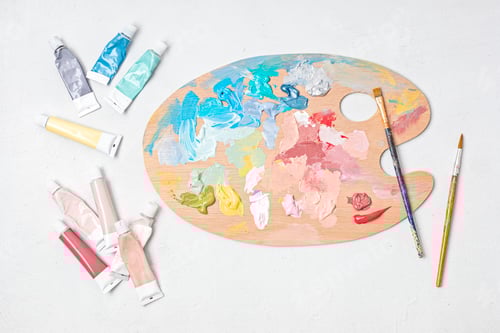 Preview: Artist painting palette with brushes. Artistic craft hobby background