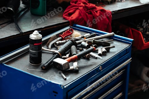 Preview: Different tools on workbench in car service