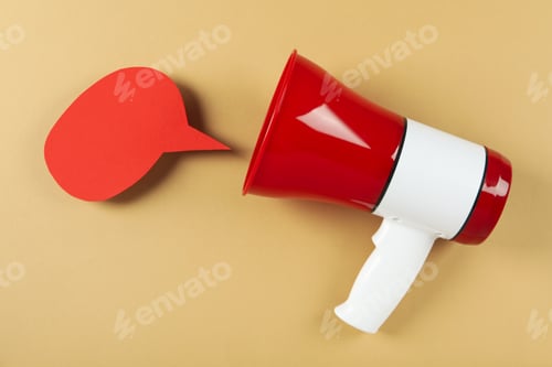 Preview: Important announcement concept with decorative megaphone, space for text