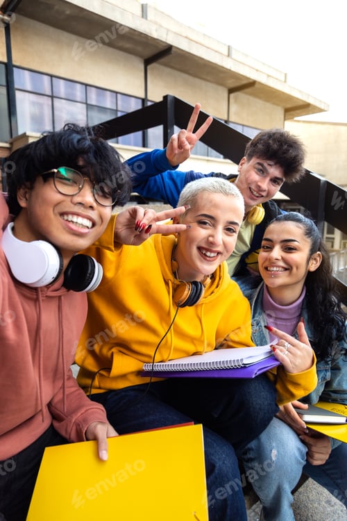 Preview: Multiracial gen z friends taking selfie with phone outdoors. College students having fun. Vertical.
